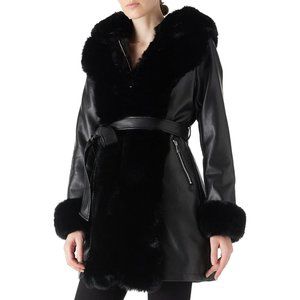 Women Faux Leather Fur-lined Jacket with Hood and Fur Collar Winter Fashion
